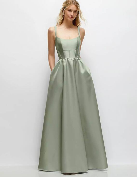 Dessy Collection Dresses & Skirts - NWT Dessy Collection Scoop Neck Corset Satin Maxi Dress Pockets Sage 14R